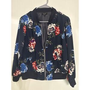 Love J Floral Bomber Jacket Size S Black Blue Red Zip Front Lightweight
